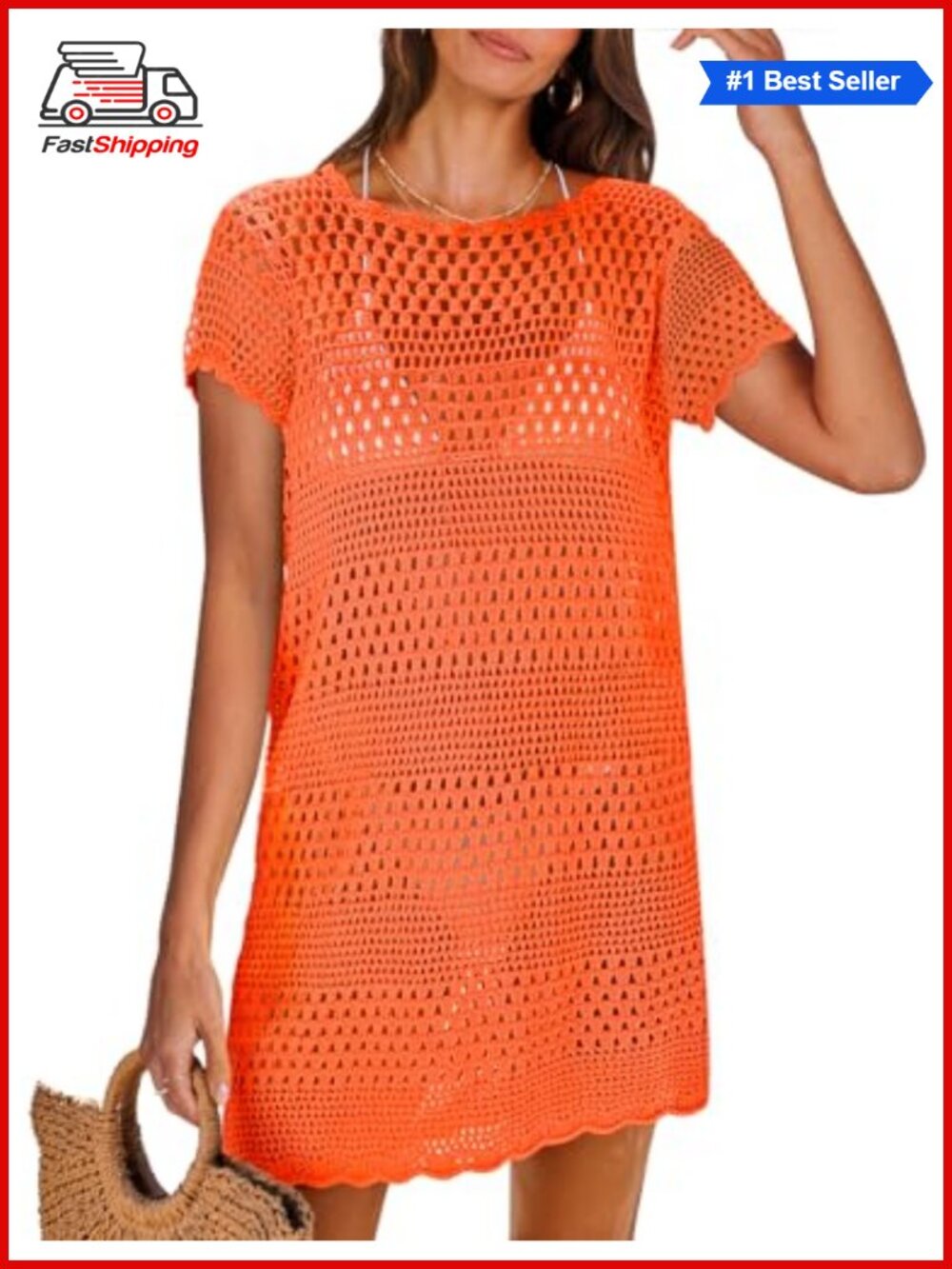 ✨ANRABESS Women's Swim Cover Up Short Sleeve Crochet Hollow Out Mini Dress